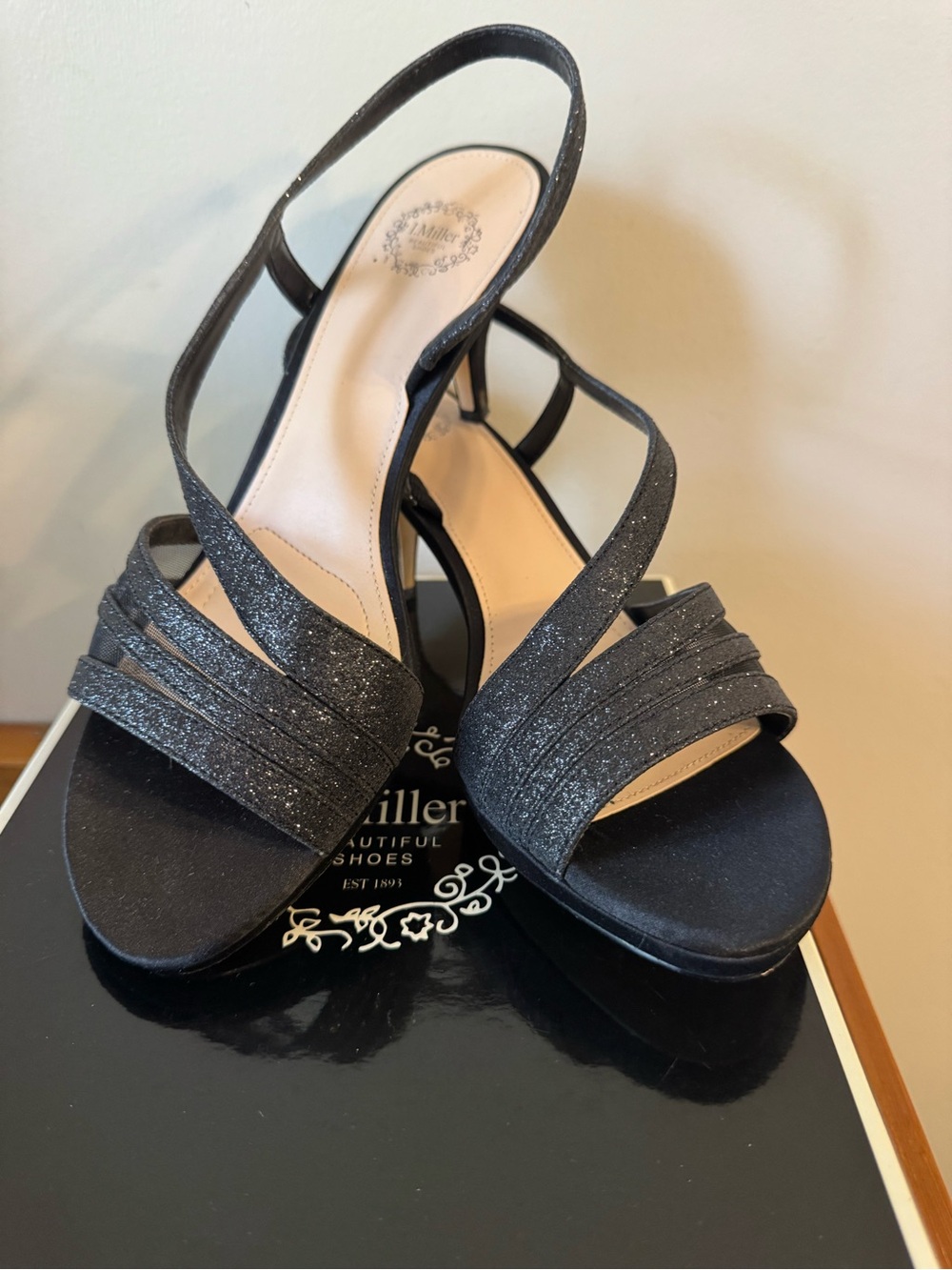Glitter Black Strappy Slingback Heels for Women I. Miller worn once wedding